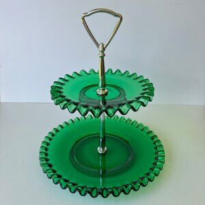 Fenton Emerald Green Glass Ruffled Two Tier Tidbit Serving Tray. #7296